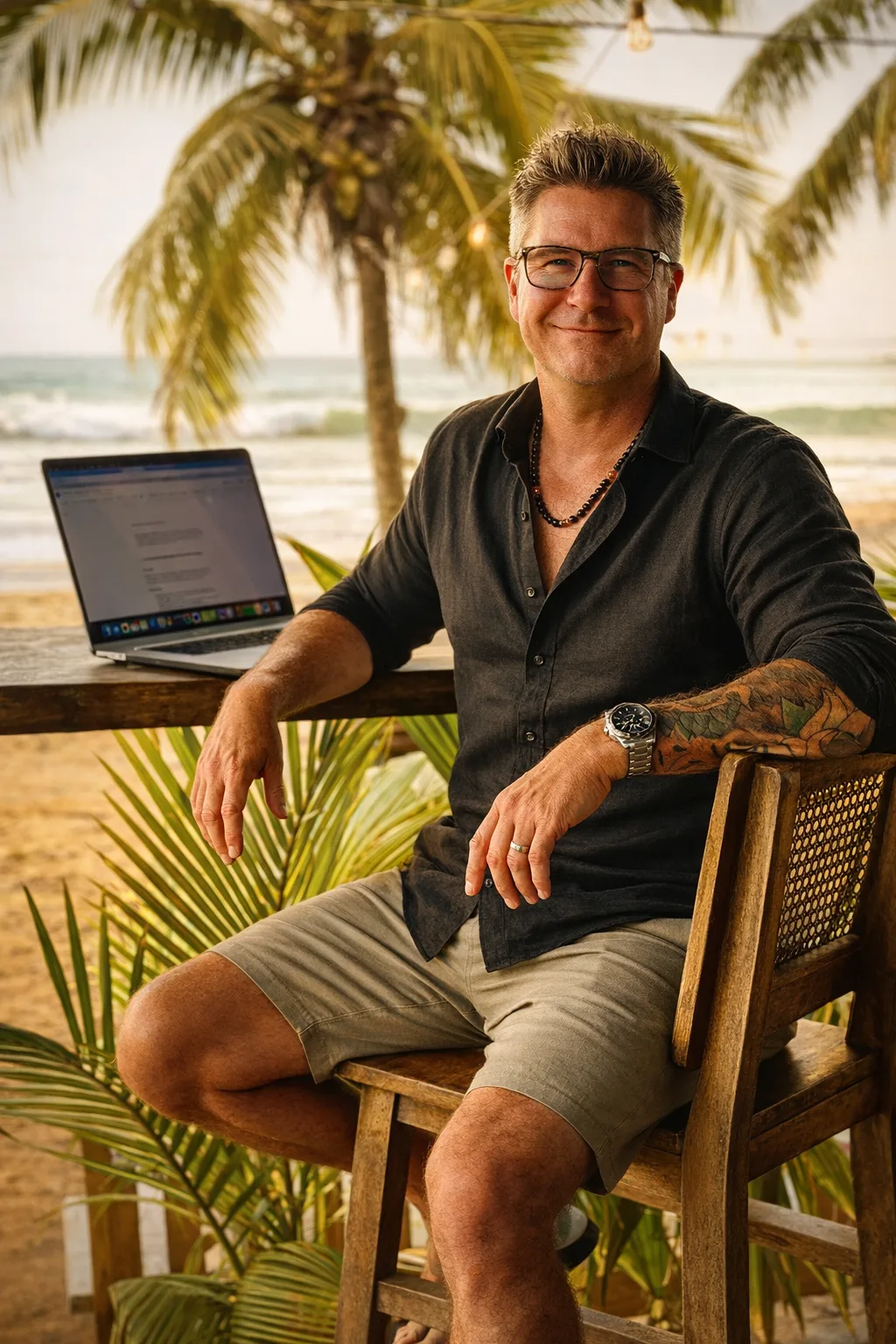 Tony working on a laptop on a beach