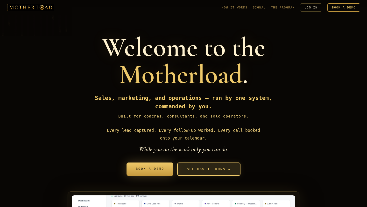 A finished page the builder shipped — the live motherload.pro homepage